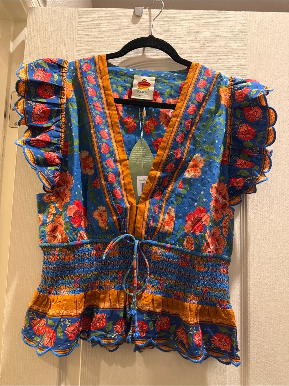 FARM Rio Blue Floral V-Neck Smocked Blouse with Orange Trim